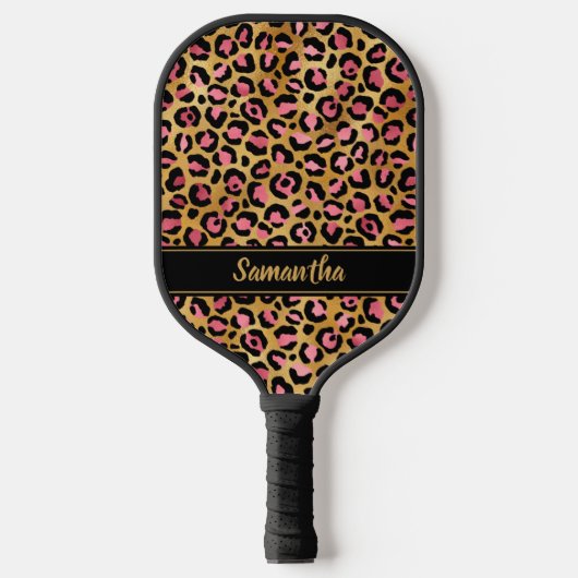 Raquette De Pickleball Chic Imprimé Léopard Noir Rose Or Personnalisé (Recto)