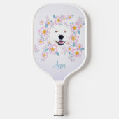 Raquette De Pickleball Chien Samoyed et fleurs roses, nom customisé (Verso)