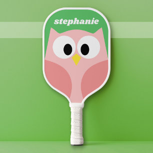 Raquette De Pickleball Chouette caricaturale mignonne - Corail et vert -