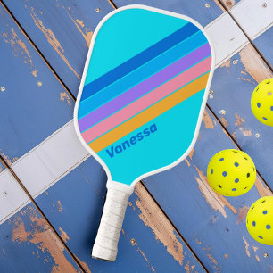 Raquette De Pickleball Ciel de l'océan néon des années 80 rayé avec nom