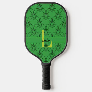 Raquette De Pickleball Coeurs verts Motif Monogramme et nom personnalisé