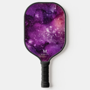 Raquette De Pickleball Cool Nebula Galaxy Monogramme Nom Violet