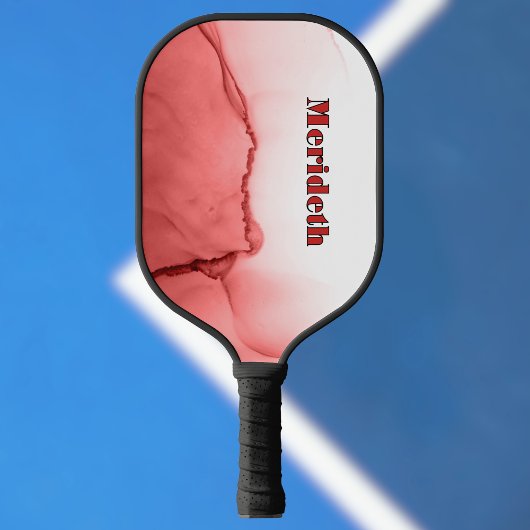 Raquette De Pickleball Cool Red and White Faux Alcohol Ink Pour Monogram