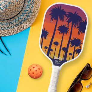 Raquette De Pickleball Cool Tropical Sunset Palm Trees Nom du texte perso