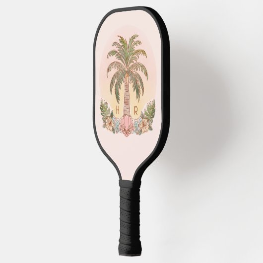 Raquette De Pickleball Coucher de soleil Palmier Aquarelle Monogramme ros (Gauche)