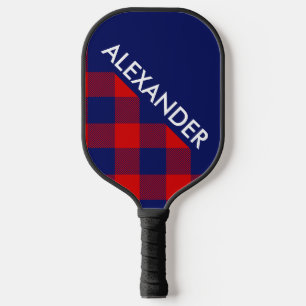 Raquette De Pickleball Couleurs DIY, Carreaux Bleus Buffalo Rouge Fond Bl