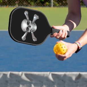 Raquette De Pickleball Crâne 3D En Métal Argent Et Crossbones