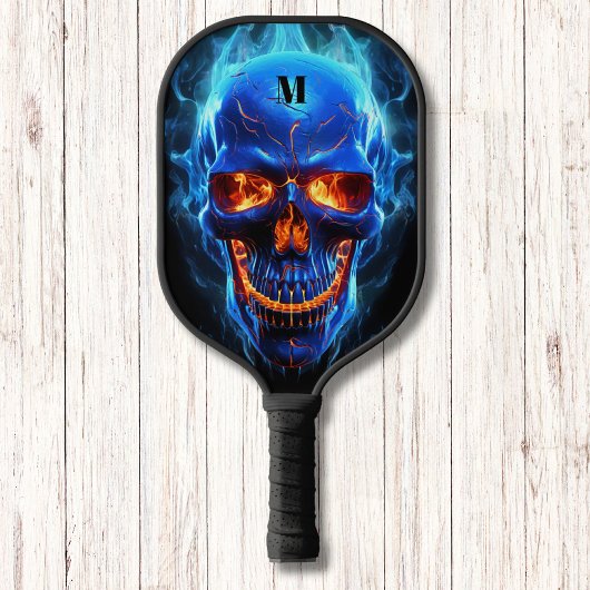 Raquette De Pickleball Crâne avec flammes noir bleu moderne Monogramme