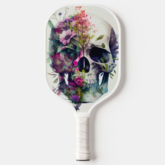 Raquette De Pickleball crâne avec fleurs, arrière - plan blanc (Recto)