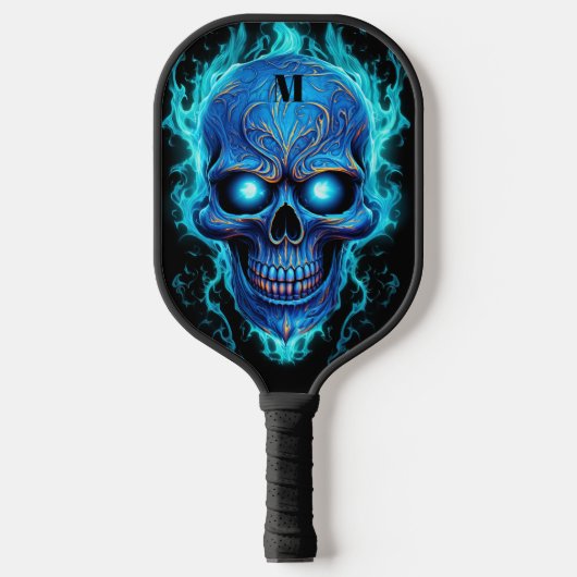 Raquette De Pickleball Crâne bleu avec flammes bleues Monogramme moderne (Recto)