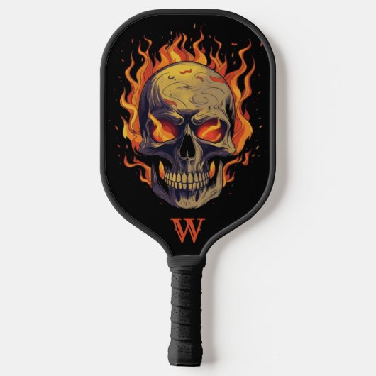 Raquette De Pickleball Crâne gothique foncé en flammes Monogramme initial (Verso)