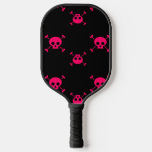 Raquette De Pickleball Crâne rose et os croisés sur noir