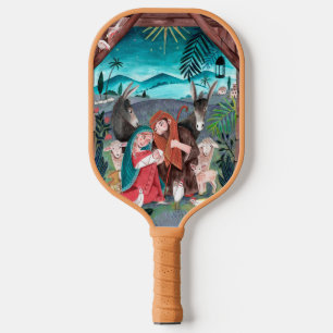 Raquette De Pickleball Crèche religieuse bleu, Marie et Jésus rouge