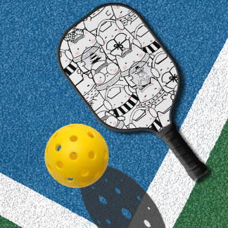 Raquette De Pickleball Cute Kawaii Chats en noir et blanc avec rose