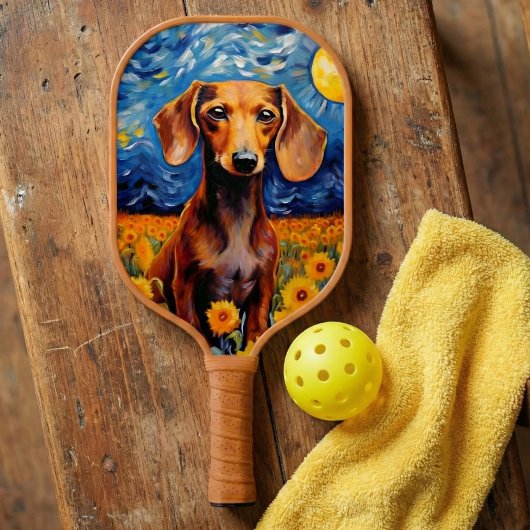 Raquette De Pickleball Dachshund & Sunflowers Art Cadeau
