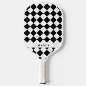 Raquette De Pickleball Damier diagonal noir et blanc dynamique Nom (Verso)