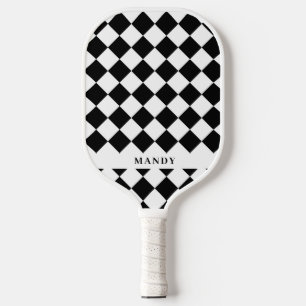 Raquette De Pickleball Damier diagonal noir et blanc dynamique Nom