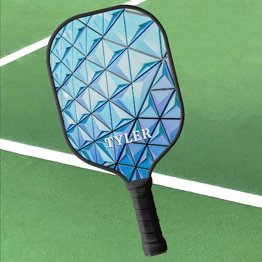 Raquette De Pickleball Design géométrique bleu, nom blanc