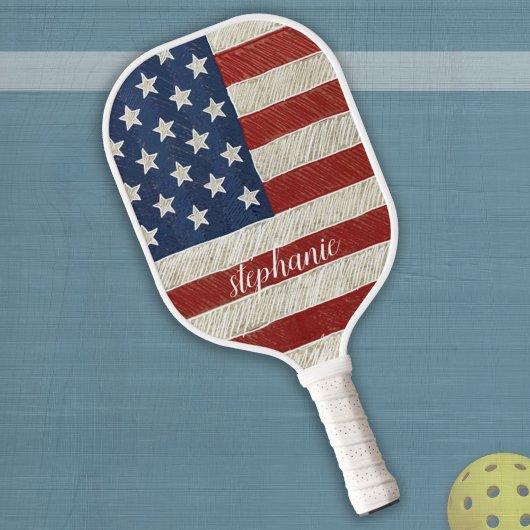 Raquette De Pickleball Drapeau américain moderne avec nom de script tenda