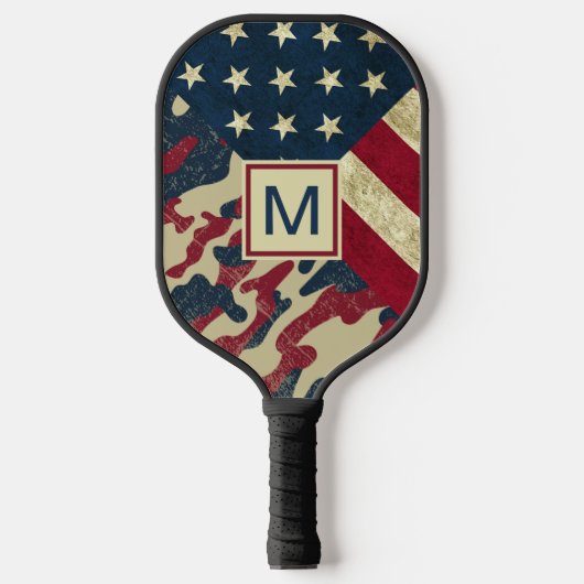 Raquette De Pickleball Drapeau patriotique rustique américain Camo Monogr (Recto)