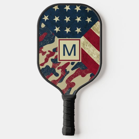 Raquette De Pickleball Drapeau patriotique rustique américain Camo Monogr (Verso)