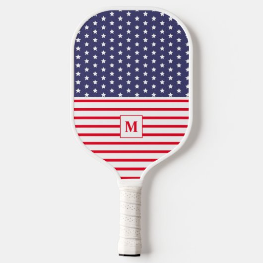 Raquette De Pickleball Drapeau rouge blanc et bleu américain monogramme (Verso)