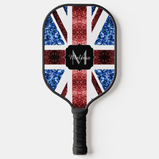 Raquette De Pickleball Drapeau rouge et bleu parties scintillant Monogram (Recto)