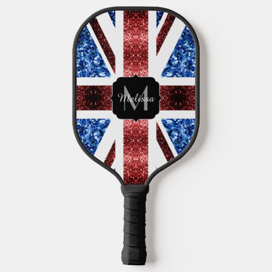 Raquette De Pickleball Drapeau rouge et bleu parties scintillant Monogram (Verso)