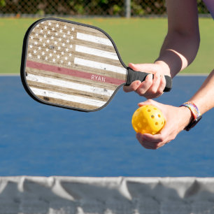 Raquette De Pickleball Drapeau USA ligne rouge mince bois rustique patrio