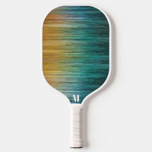 Raquette De Pickleball Écran Techno Moderne Bleu Vert Jaune Monogramme (Recto)