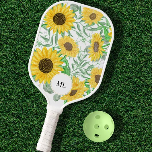 Raquette De Pickleball Élégant aquarelle tournesol Monogramme