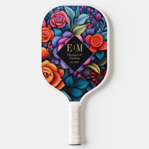 Raquette De Pickleball Élégant Art Populaire Mexicain Floral Monogramme P