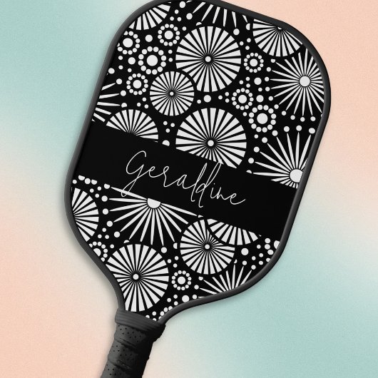 Raquette De Pickleball Elegant Black White Geometric Starburst Name