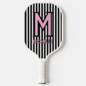 Raquette De Pickleball Elegant Black& White Stripes Pink Script Monogram (Verso)