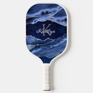 Raquette De Pickleball Élégant Bleu Agate Argent Parties scintillant Mono