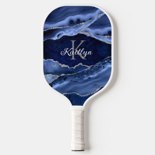Raquette De Pickleball Élégant Bleu Agate Argent Parties scintillant Mono (Recto)