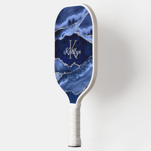 Raquette De Pickleball Élégant Bleu Agate Argent Parties scintillant Mono (Gauche)