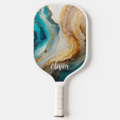 Raquette De Pickleball Élégant Bleu Marbre Or Nom personnalisé (Verso)