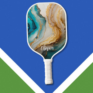 Raquette De Pickleball Élégant Bleu Marbre Or Nom personnalisé