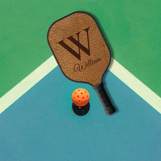 Raquette De Pickleball Élégant Faux en cuir Brown Monogramme initial