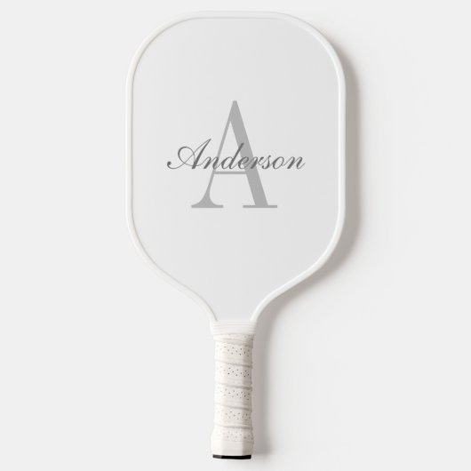 Raquette De Pickleball Élégant Monogramme blanc et gris (Verso)