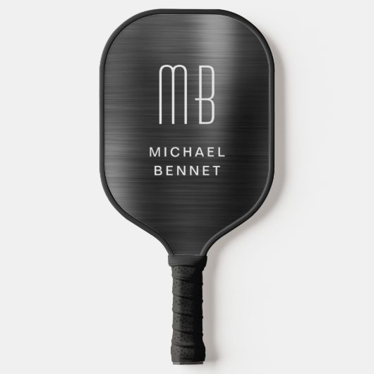 Raquette De Pickleball Élégant Monogramme Faux Noir Brossé Métallique (Recto)