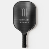 Raquette De Pickleball Élégant Monogramme Faux Noir Brossé Métallique (Verso)