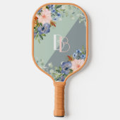 Raquette De Pickleball Élégant Monogramme floral bleu rose Dusty (Verso)