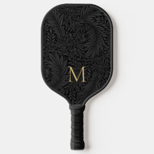 Raquette De Pickleball Élégant Monogramme Floral Noir Doré Vintage