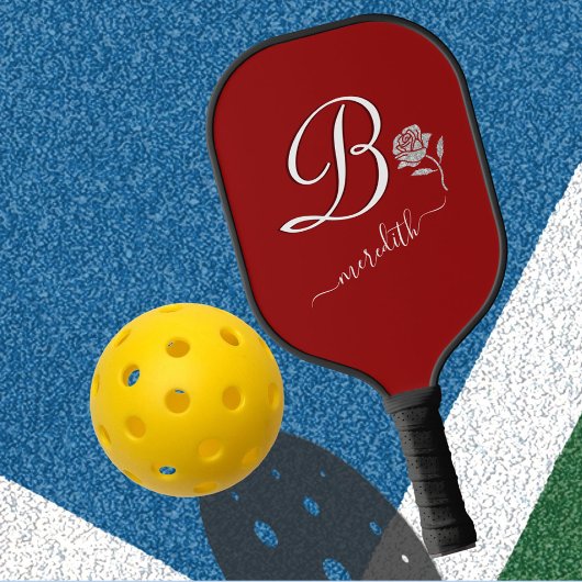 Raquette De Pickleball Élégant Monogramme Floral Parties scintillant roug