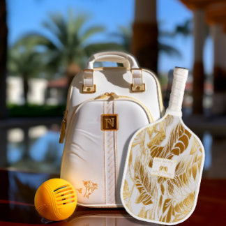 Raquette De Pickleball Élégant Monogramme Monstera or doré