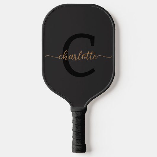 Raquette De Pickleball Élégant Monogramme Noir Nom du script d'or (Recto)