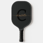Raquette De Pickleball Élégant Monogramme Noir Nom du script d'or (Verso)