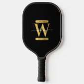 Raquette De Pickleball Élégant Monogramme noir & or Script moderne (Verso)